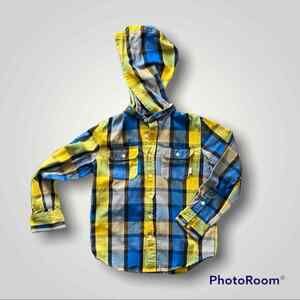 Burton Kids Blue & Yellow Plaid Button-Up Hooded Shirt, Shacket Size S